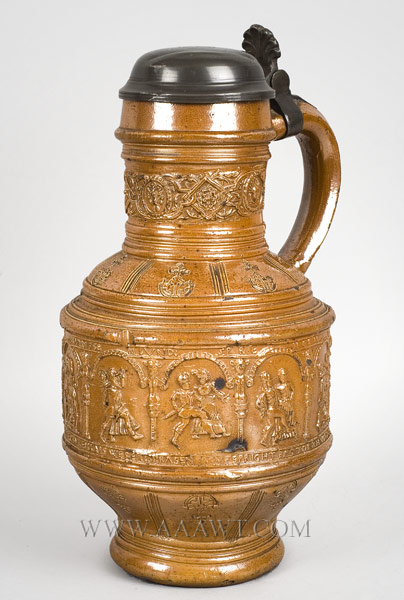 Raeren Brown Salt Glazed Stoneware Lidded Baluster Jug, Peasant Scenes
Germany, Late 16th Century… The applied body frieze is illegibly dated 156?
Waist with arcaded frieze molded with the “Peasants Wedding” dancing, entire view 3